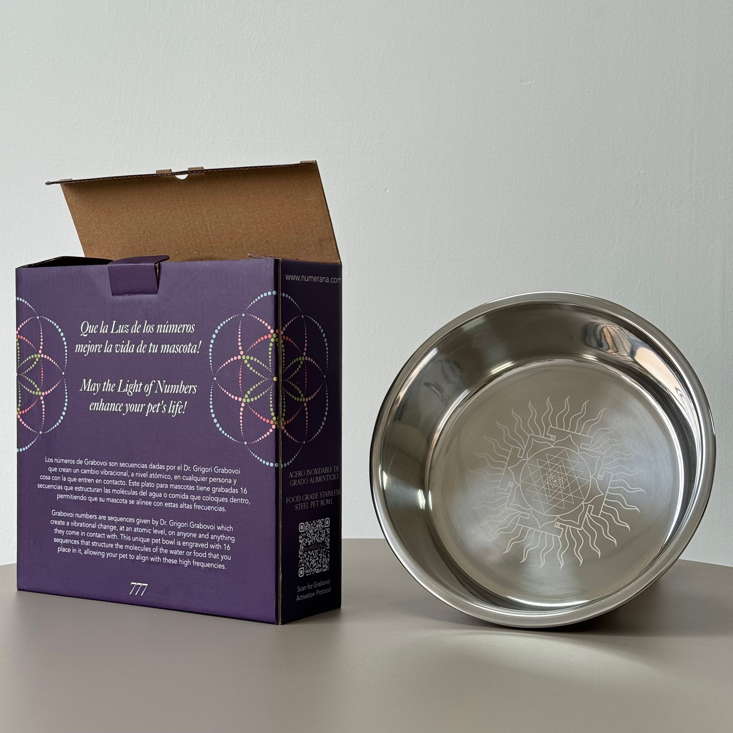 Stainless steel pet bowl engraved with Grabovoi Numbers and sacred geometry for enhancing pet health, mood, and energy vibration.