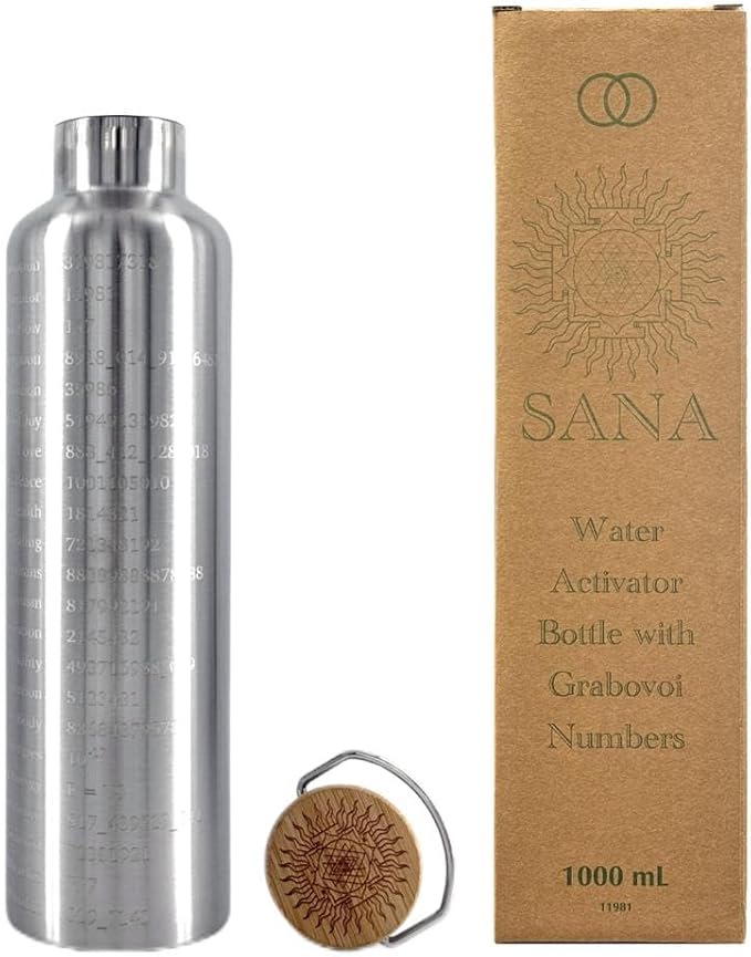 1L silver stainless steel Grabovoi bottle with engraved energy codes to transform water and support vibrational healing.