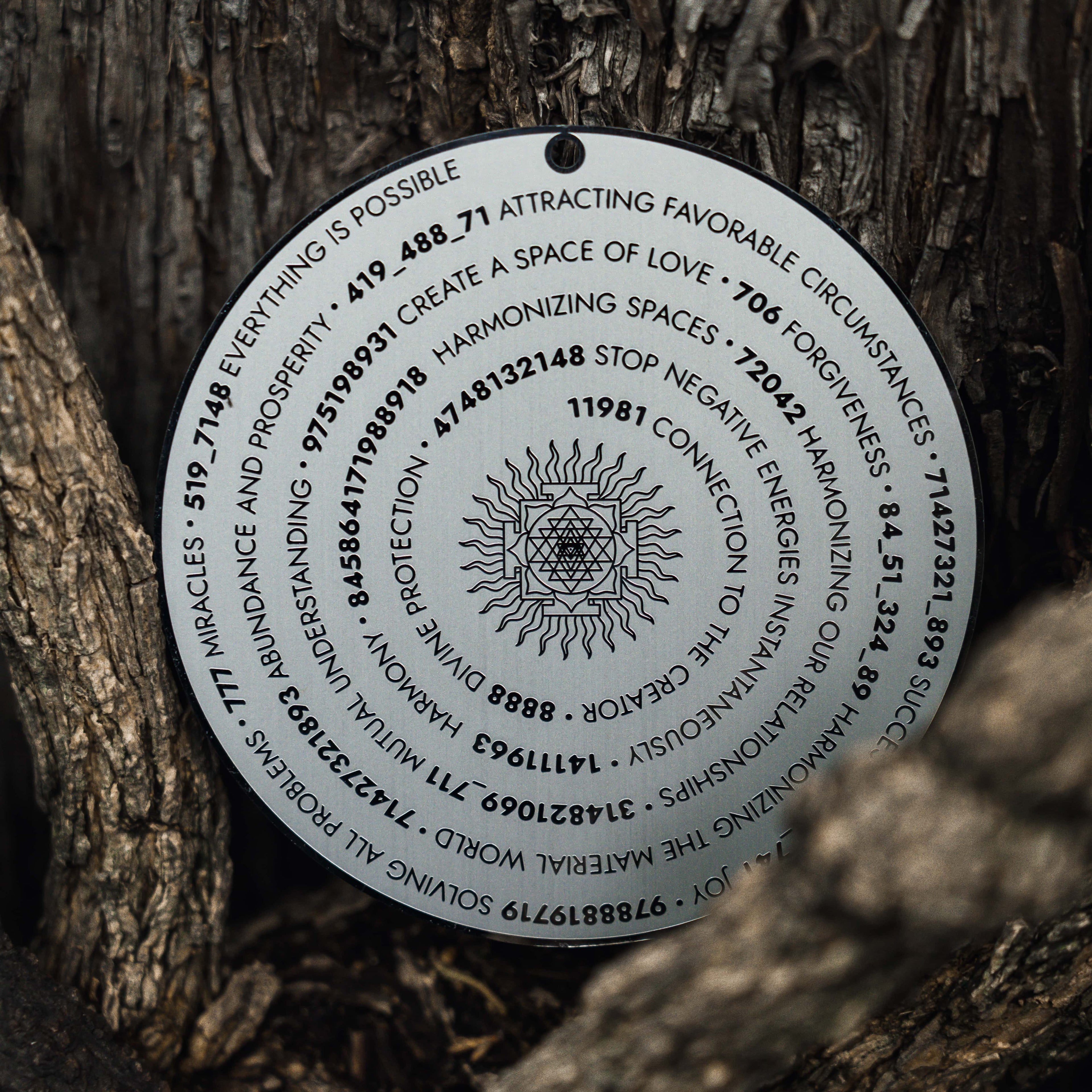 Sacred geometry and Grabovoi number energy plate designed to harmonize relationships, attract miracles, and uplift spaces.