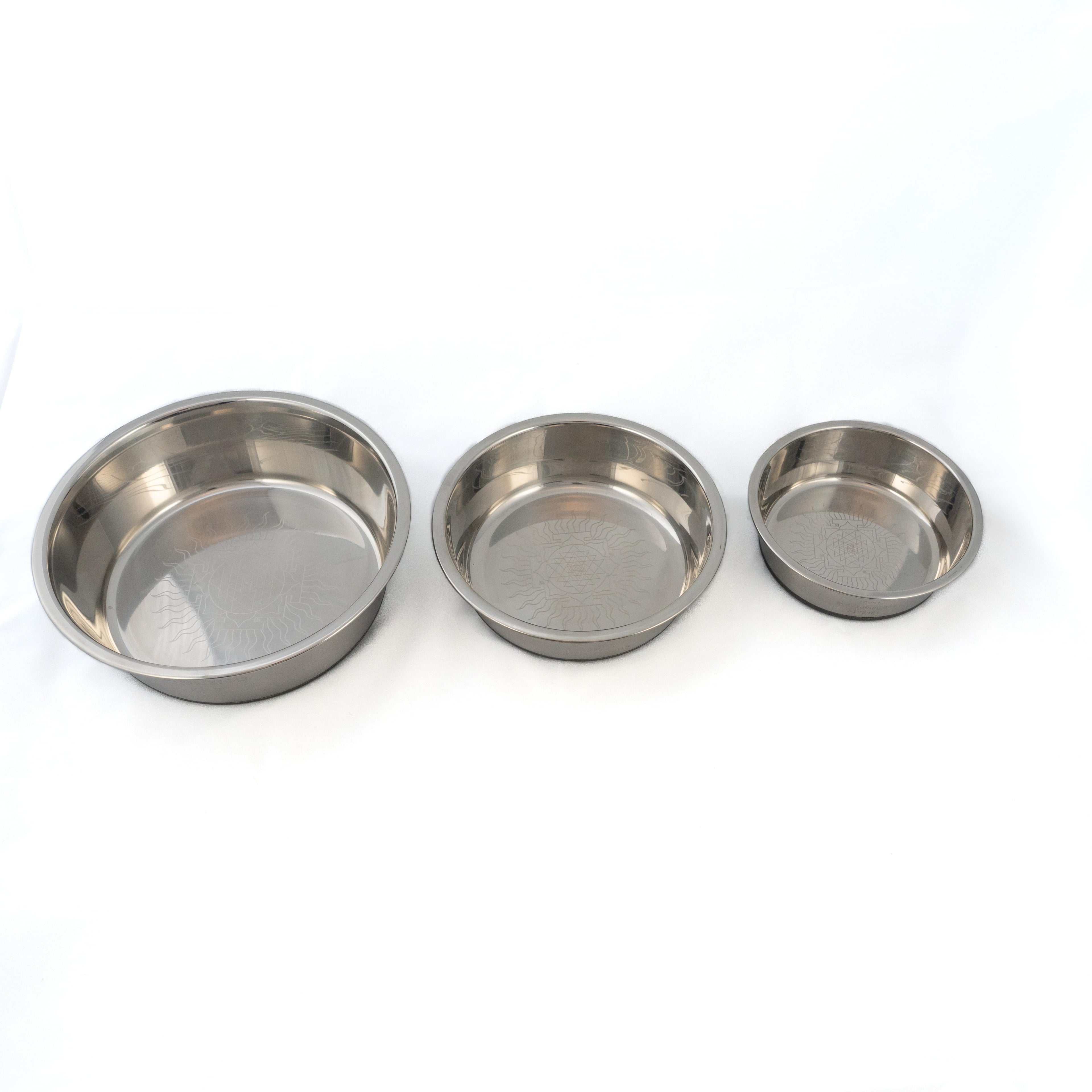 Stainless steel pet bowl engraved with Grabovoi Numbers and sacred geometry for enhancing pet health, mood, and energy vibration.