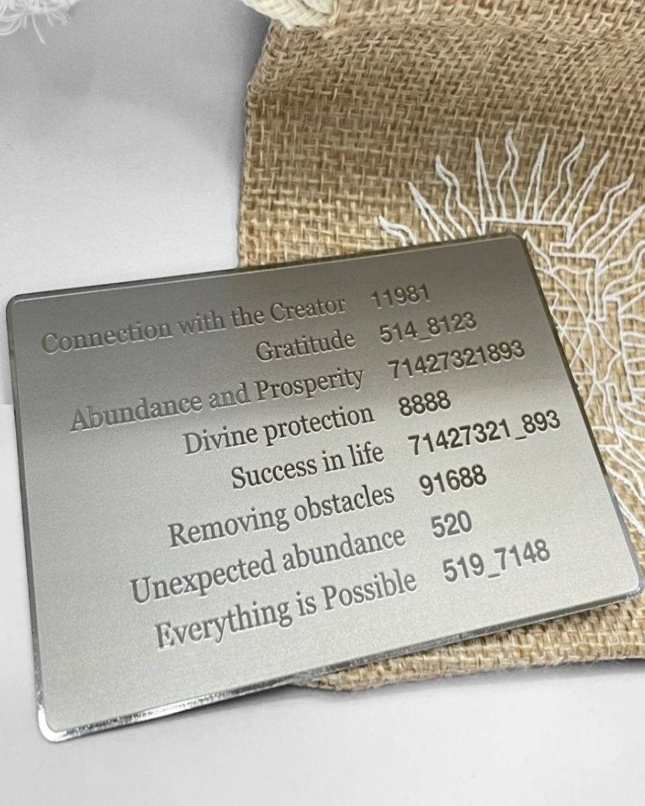 Grabovoi number wallet card designed to enhance abundance, wealth, and financial alignment through spiritual technology.