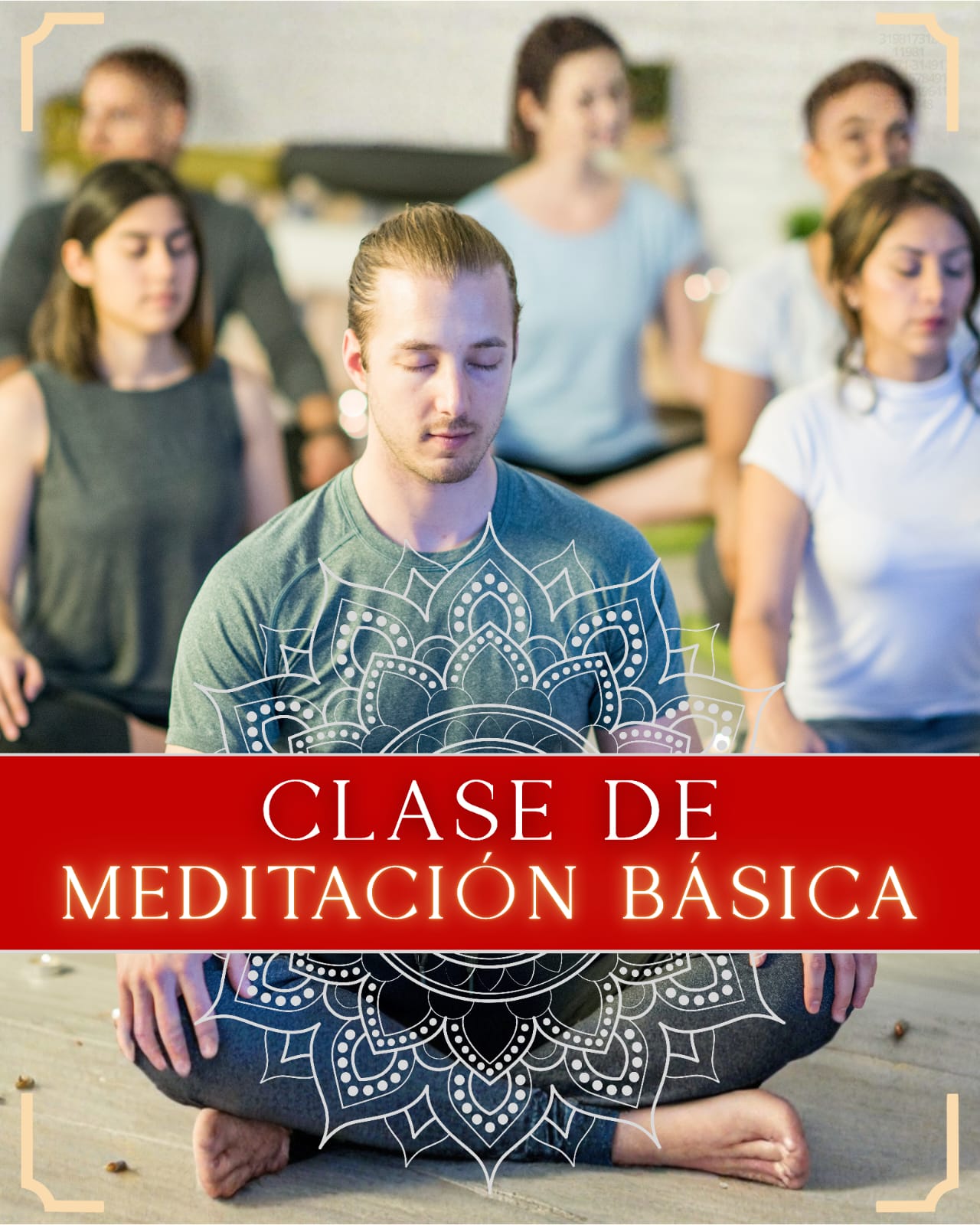 Group of people meditating with a person in the foreground wearing a mandala-patterned mat.