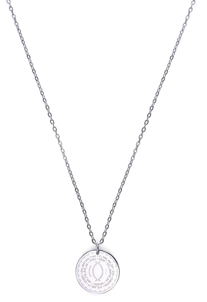 Silver necklace with a round pendant on a white background