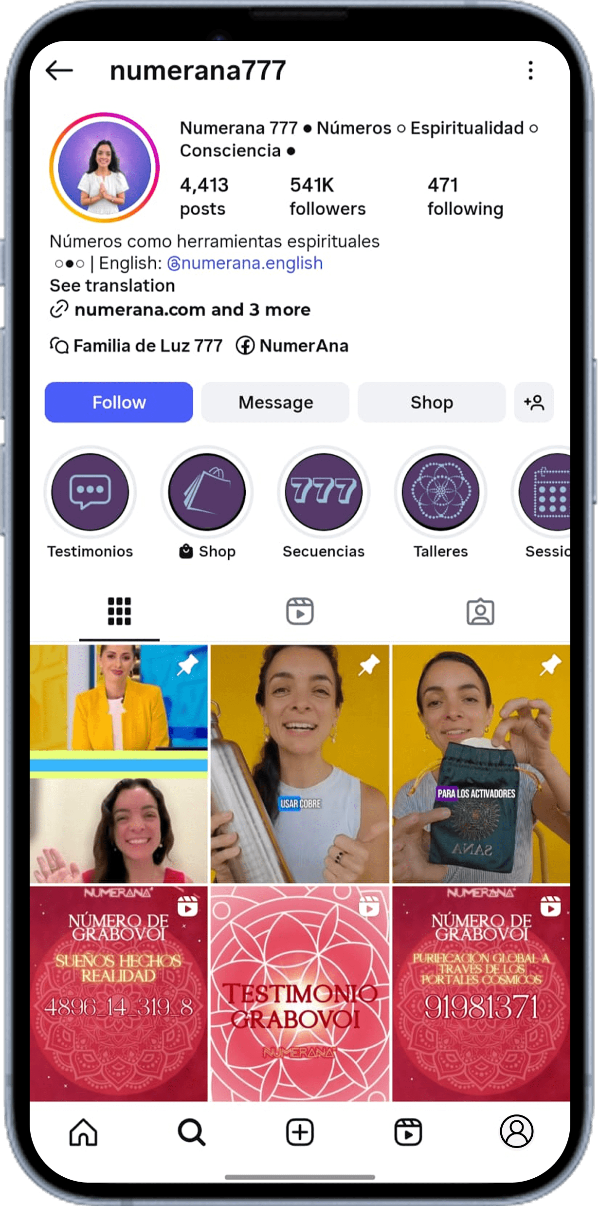 Instagram profile of Numerana777 featuring spiritual numerology content and videos