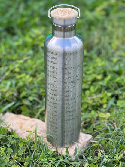 1L silver stainless steel Grabovoi bottle with engraved energy codes to transform water and support vibrational healing.