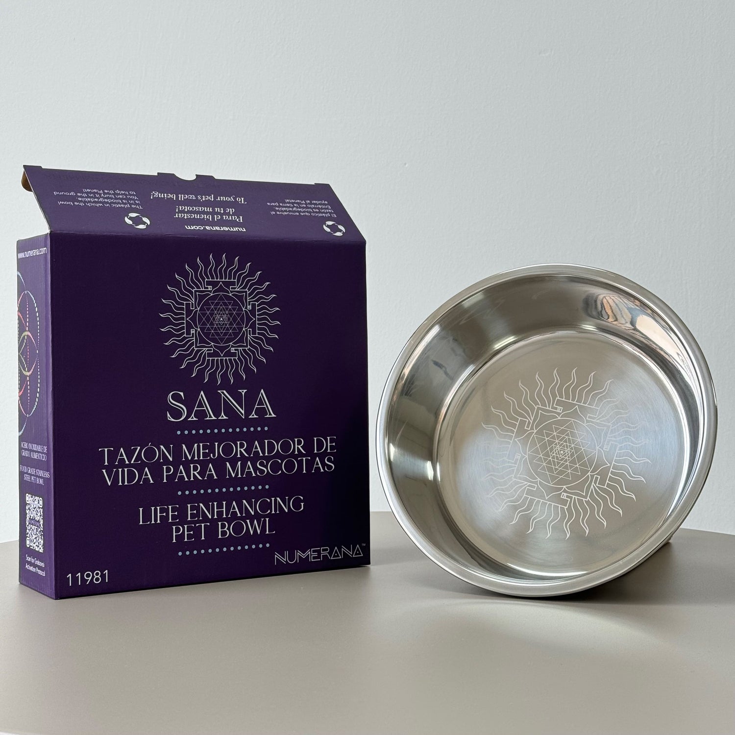 Stainless steel pet bowl engraved with Grabovoi Numbers and sacred geometry for enhancing pet health, mood, and energy vibration.