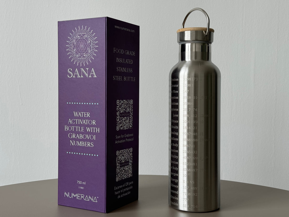 750ml double-walled stainless steel bottle with Grabovoi codes to transform water and align the body with high frequencies.