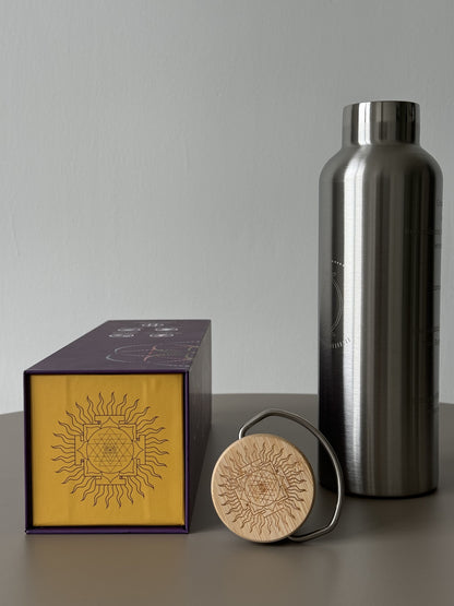 750ml double-walled stainless steel bottle with Grabovoi codes to transform water and align the body with high frequencies.