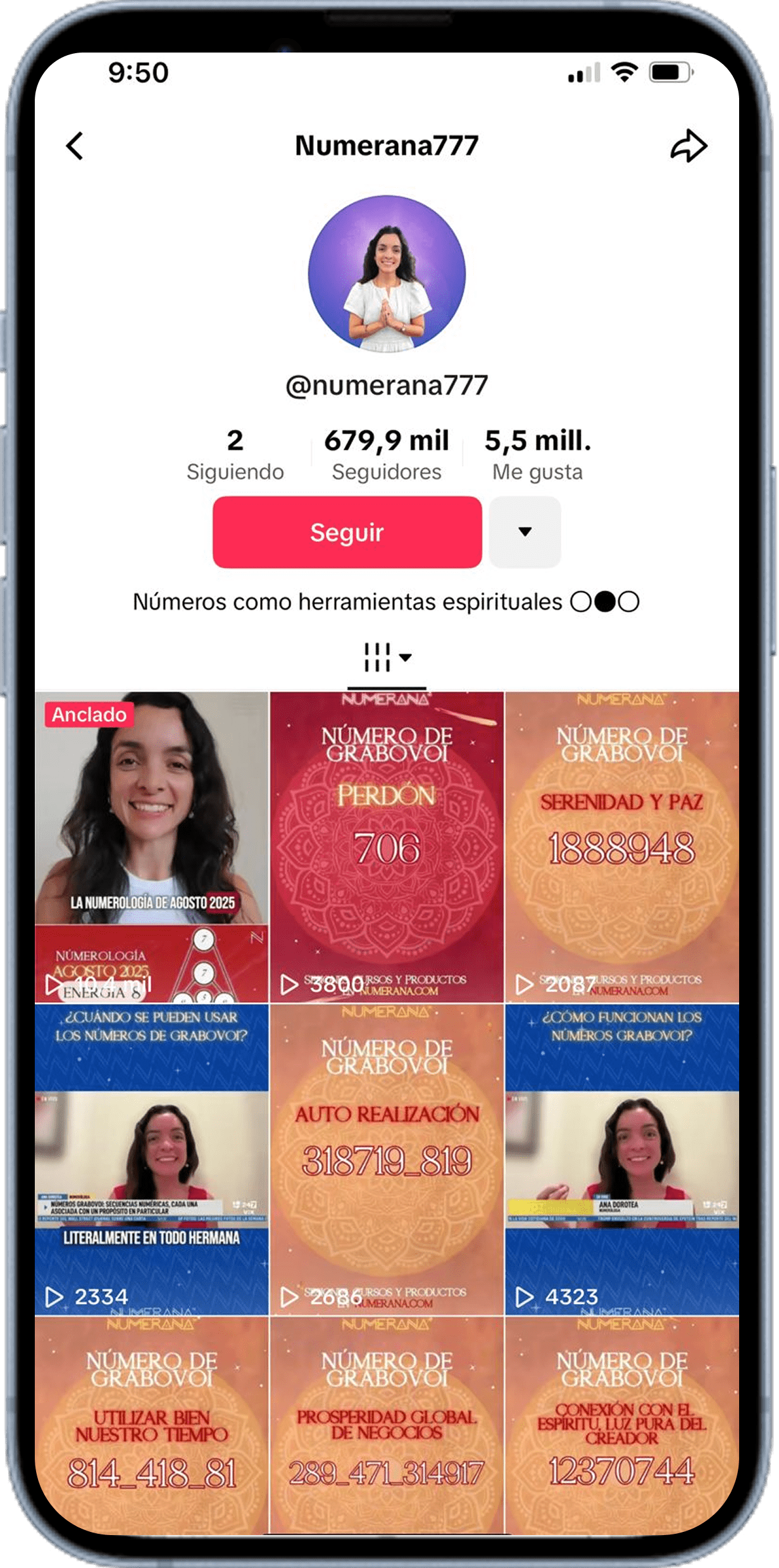 TikTok profile of Numerana777 showing videos about numerology and Grabovoi numbers